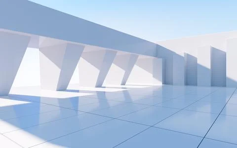 White abstract geometric construction, empty outdoor architecture scene, 3d r Illustrazione stock
