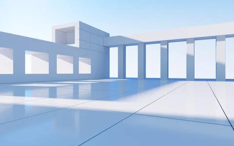 White abstract geometric construction, empty outdoor architecture scene, 3d r Illustrazione stock