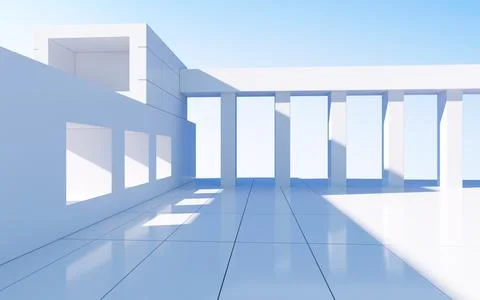 White abstract geometric construction, empty outdoor architecture scene, 3d r Stock Illustration