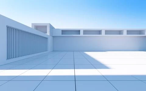 White abstract geometric construction, empty outdoor architecture scene, 3d r Illustrazione stock