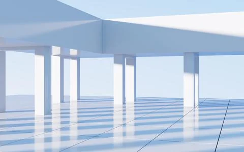 White abstract geometric construction, empty outdoor architecture scene, 3d r Stock Illustration