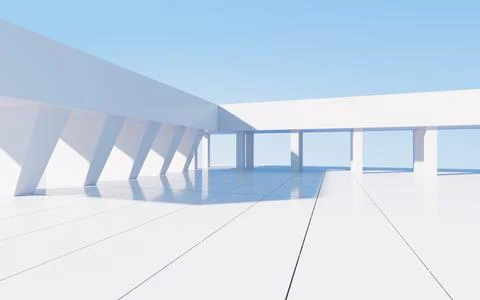 White abstract geometric construction, empty outdoor architecture scene, 3d r Illustrazione stock