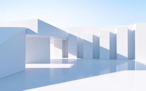White abstract geometric construction, empty outdoor architecture scene, 3d r Stock Illustration