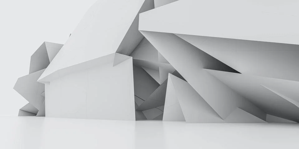 White abstract geometric shape polygon building with bright day lighting 3d Stock Illustration