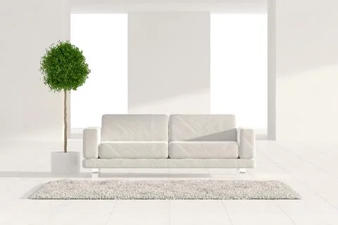 White Abstract Interior with Sofa, Green Room Tree and Hair Carpet. 3d Render Stock Illustration