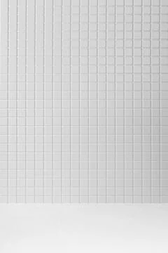 White abstract kitchen interior or scene mockup white tiny tile wall, wood fl 스톡 사진