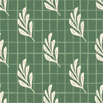 White abstract leaf branches elements seamless pattern. Green chequered backg Ilustración de archivo