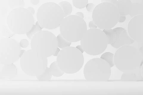 White abstract stage mockup - flying plastic circles on soft light shining ba Stock Illustration