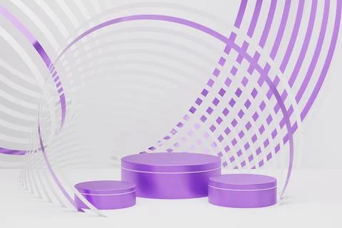 White abstract stage mockup - three metallic purple round podiums, sleek line 写真素材