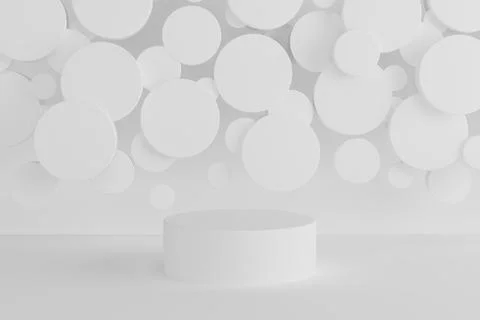 White abstract stage - round podium, mockup, flying circles decor. Template 3 Stock Illustration