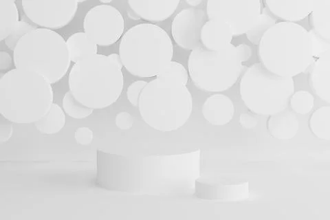 White abstract stage - set of two round podiums, mockup, flying circles decor Stock Photos