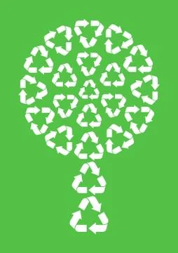 White abstract tree made of recycle symbols on green background Illustrazione stock