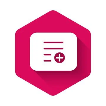 White Add to playlist icon isolated with long shadow background. Pink hexagon Stock Illustration