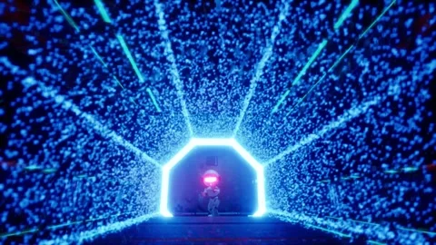 White ai robot jump down on industrial background and shoot a digital Stock Footage 286392998