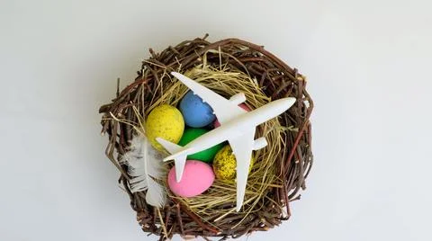 White airplane and easter egg in nest Stock Photos