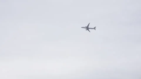 White airplane flying overhead in the sky Video stock 307288235