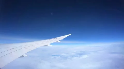A white airplane wing is seen in the sky with a blue sky background Stock Footage 313554515