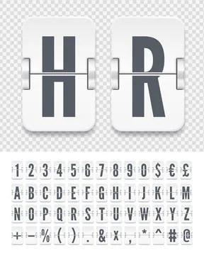 White airport terminal mechanical flip scoreboard alphabet font with numbers for Stock Illustration
