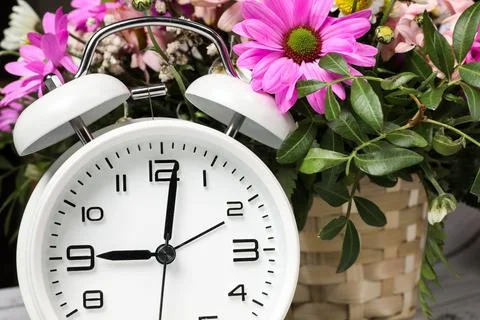 White alarm clock against the background of fresh flowers in a wicker basket. Stock Photos