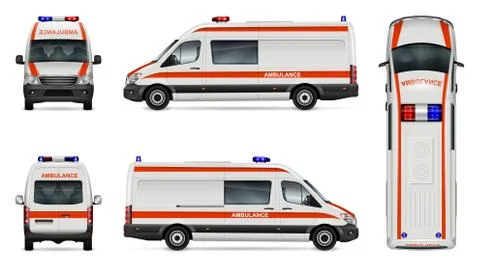 White ambulance car vector template side, front, back, top view Stock Illustration