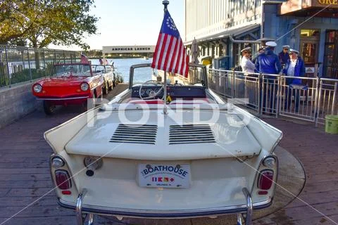 White amphibious car launch at Lake Buena Vista area Stock Photos