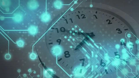White analog clock reaching 1:11 initiating teal circuitry appearing then Stock Footage 317264983