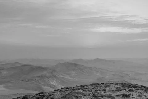 White and black amazing red sunrise landscape in negev desert israel Stock Photos