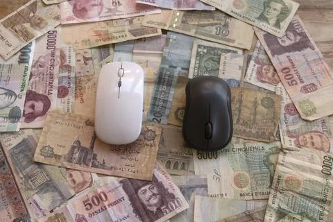 .white and black computer mice on international currency banknotes Stockfoto's