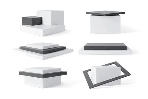 White and black cubes square shape podium stands, 3D pedestals vector set Stock Illustration