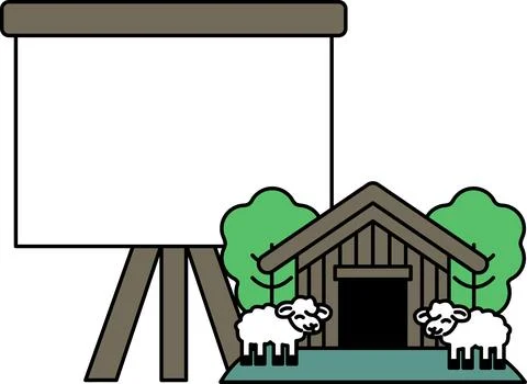 A white and black drawing of a barn with a sign that says "No sheep allowed." Stock Illustration