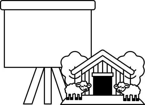 A white and black drawing of a barn with a sign that says "No sheep allowed." Stock Illustration