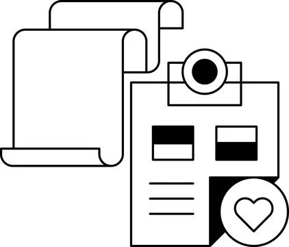 A white and black drawing of a clipboard with a heart on it Stock Illustration