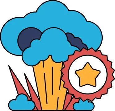 A white and black drawing of a cloud with a star and a circle Illustrazione stock