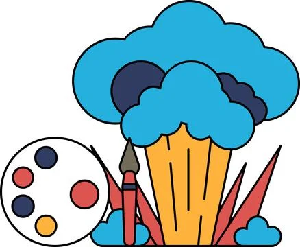 A white and black drawing of a cloud with a brush and a paint tube on the g.. イラスト素材