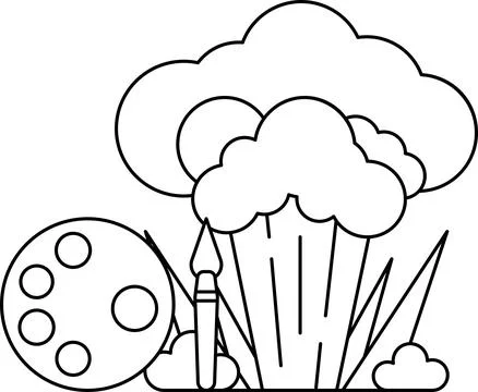 A white and black drawing of a cloud with a brush and a paint tube on the g.. Stock Illustration