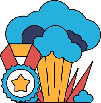A white and black drawing of a cloud with a star and a trophy イラスト素材