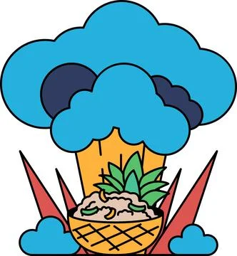A white and black drawing of a cloud with a pineapple in the middle Stock Illustration