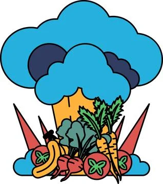 A white and black drawing of a cloud with vegetables on it Stock Illustration