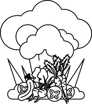 A white and black drawing of a cloud with vegetables on it Stock Illustration