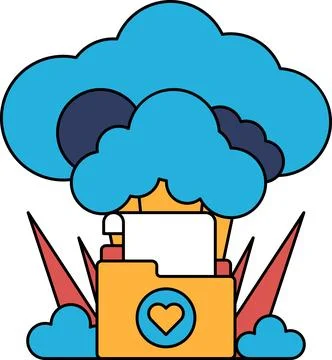 A white and black drawing of a cloud with a heart and a file cabinet Stock Illustration
