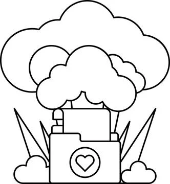 A white and black drawing of a cloud with a heart and a file cabinet Stock Illustration