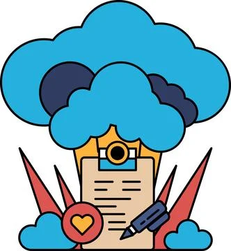 A white and black drawing of a cloud with a clipboard and a pen Illustrazione stock
