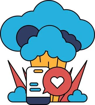 A white and black drawing of a cloud with a heart and a cell phone 库存插图