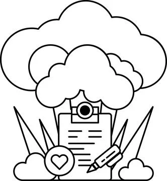 A white and black drawing of a cloud with a clipboard and a pen Stock Illustration