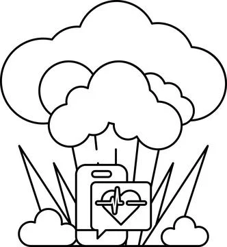A white and black drawing of a cloud with a heart and a box with a heart on i Stock Illustration