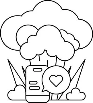 A white and black drawing of a cloud with a heart and a cell phone 库存插图