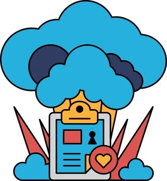 A white and black drawing of a cloud with a clipboard on top of it Stock Illustration