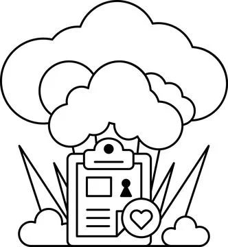 A white and black drawing of a cloud with a clipboard on top of it Stock Illustration