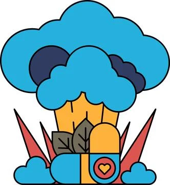 A white and black drawing of a cloud with a broccoli and a heart Stock Illustration