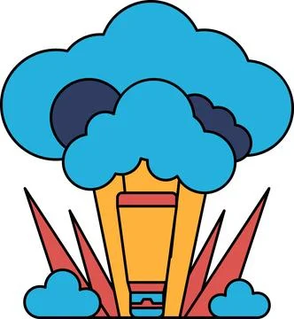 A white and black drawing of a cloud with a hot air balloon in the middle Stock Illustration